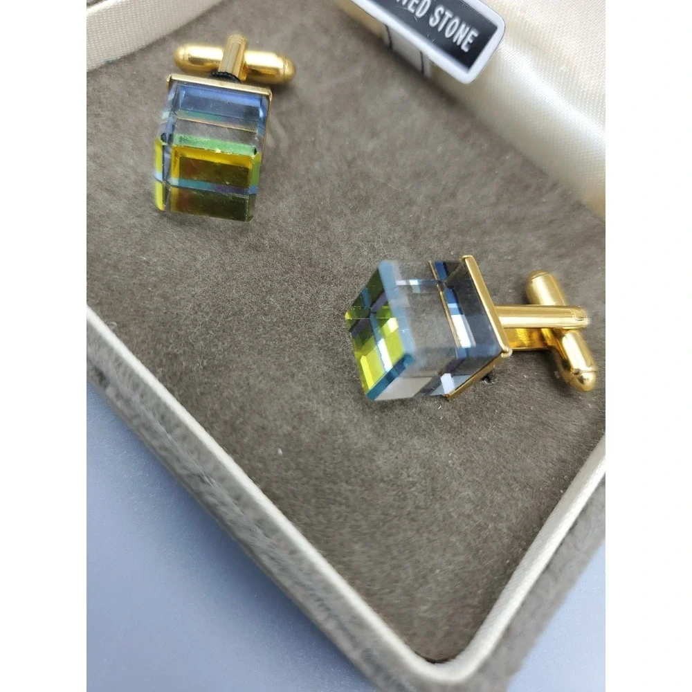 Vtg Cubic Prism Crystal Quartz Goldtone Cufflinks Levy's‎ Mens Wear Original Box